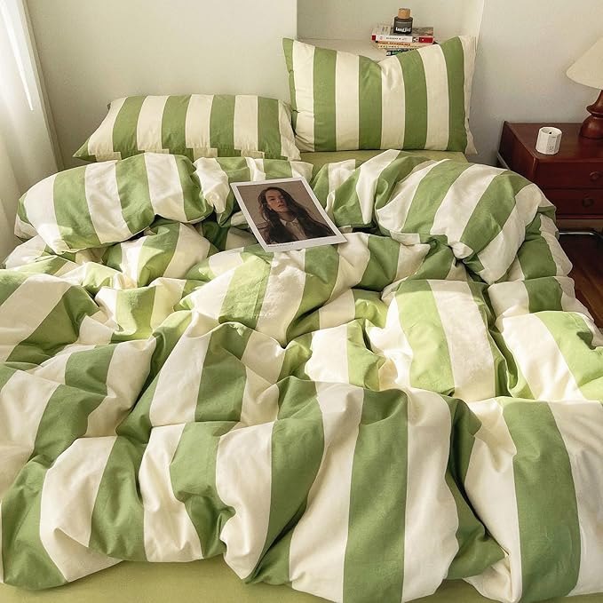 Full Comforter Set 3 Pieces Striped Comforter Set Green White Stripes Pattern Comforter with 2 Pillowcases Modern Style Fluffy Soft Lightweight Bedding Set Comfy Retro Striped Comforter Full Size
