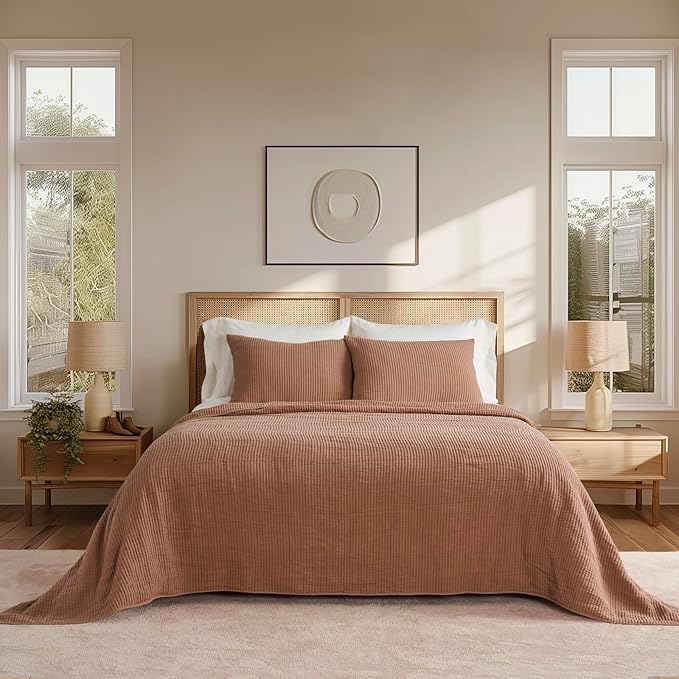 EVERGRACEHOME Cotton Coverlet Set Full Queen Size 3 Pieces, Lightweight Soft Ribbed Matelassé Bedspread Quilt Set, Cozy Oversized Quilted Bedding Set with 2 Pillow Shams for All Seasons, Clay