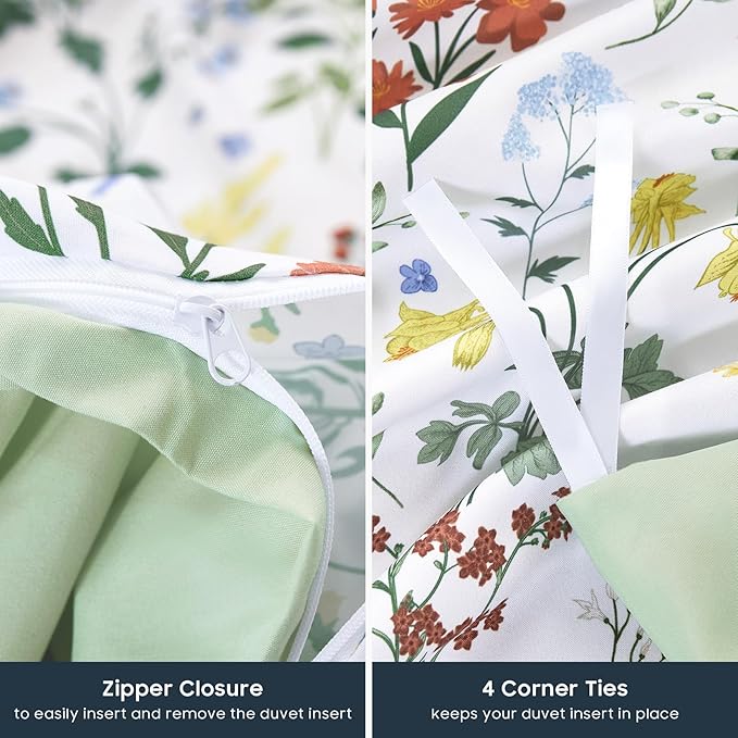 Wake In Cloud - Floral Duvet Cover Set, Shabby Chic Cottage Garden Botanical Flower Style with Elegant Wildflower Pattern, Soft Lightweight Bedding, 3 Pieces, Multicolor Green, Full Size