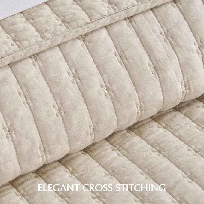 EVERGRACEHOME Cross Stitch Pre-Washed Cotton Quilt Bedding Set King Size, Oversized 3 Pieces Lightweight Bedspread Coverlet for All Season, with 2 Matching Shams, Flax Beige,118"x106"