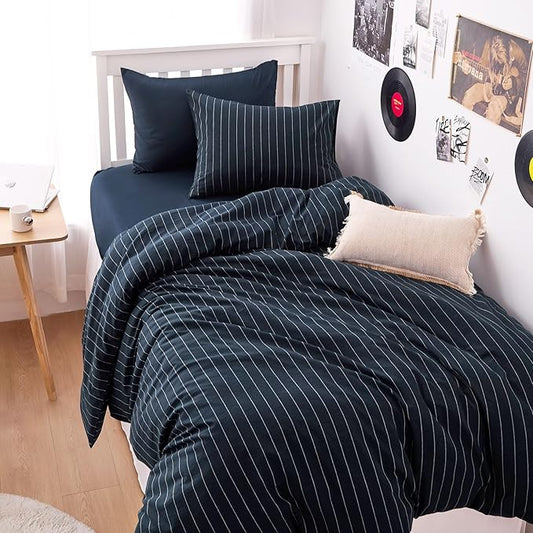 Wake In Cloud - Striped Cotton Duvet Cover Set, Ticking Stripe Vertical Pinstripe Farmhouse, 100% Washed Cotton Textured Percale Bedding Set, 3 Pieces, Navy Blue, Twin Size