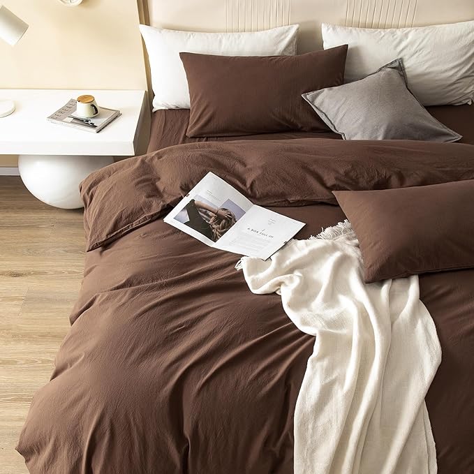 JIYUAN 100% Washed Cotton Duvet Cover Set 3 PCS Super King Plus, 1 Duvet Cover 120x120 Inches(Comforter Not Included) and 2 Pillowcases,Linen Feel Bedding Set Comfy and Breathable,Chocolate Brown