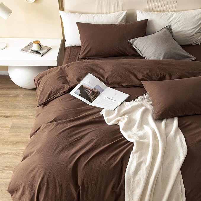 JIYUAN 100% Washed Cotton Duvet Cover Set 3 Pieces Oversized King, 1 Duvet Cover 120x98 Inches(Comforter Not Included) and 2 Pillowcases,Linen Feel Bedding Set Comfy and Breathable,Chocolate Brown