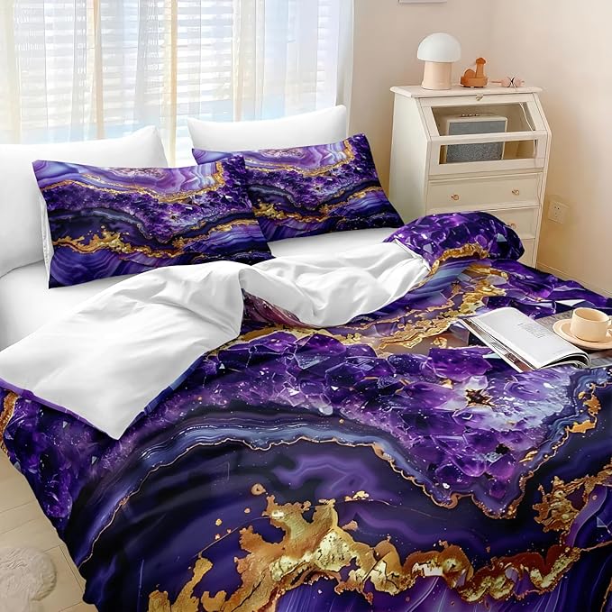 Bedbay Purple Gold Marble Comforter Set King Size Marble Bedding Set Abstract Art Texture Stone Diamond Aesthetic Room Decor 4 Pcs Luxury Bedding 1 Comforter 2 Pillowcases 1 Cushion Cover