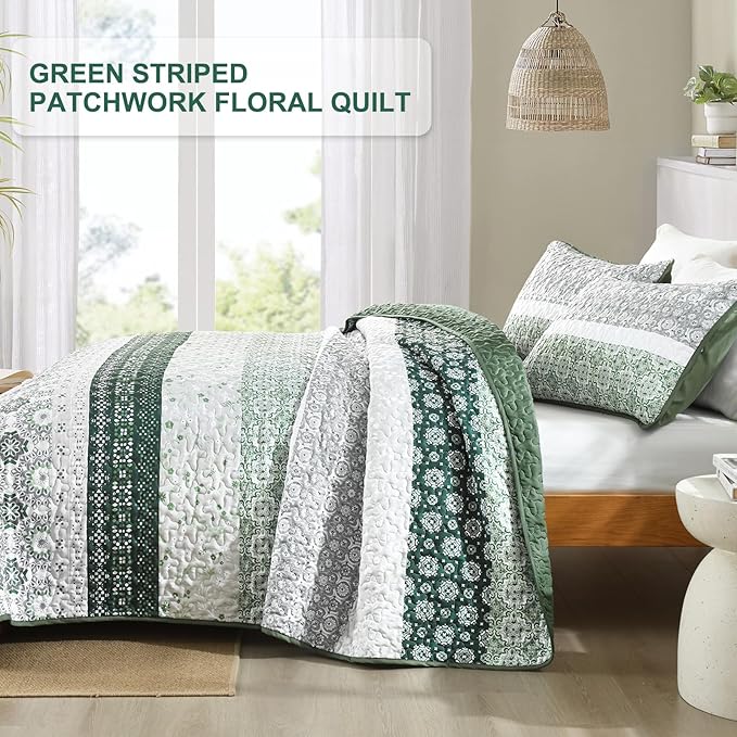 WONGS BEDDING Green Quilt Set Queen Size,Boho Striped Patchwork Bedspread Set,3 Pieces Microfiber Bedding Set for All Seasons (96"x90")