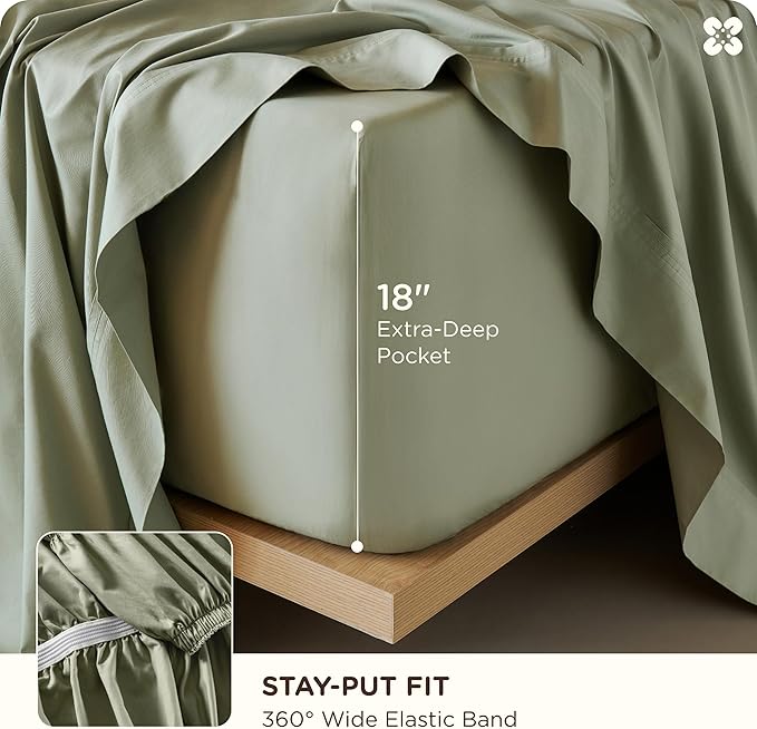 Bedsure Cooling Sheets, Rayon Derived from Bamboo & Cotton Blend, GentleSoft, Breathable, King Size Sheets Set, Deep Pocket Up to 18", Hotel Luxury Bedding for Hot Sleepers, Tea Green