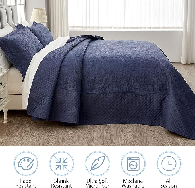Qucover Oversized King Bedspreads, 3 Piece Soft Microfiber Lightweight Oversized King Quilt 128x120, Elegant Paisley Ultrasonic California King Bedspread Bedding Coverlets, Navy Blue
