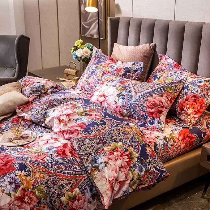 ABREEZE Colorful Floral Duvet Cover King 100% Cotton Flower Duvet Cover 3 Piece Set 1 Multi-Colored Damask Paisley Duvet Cover with Zipper Ties 2 Pillowcases Luxury Soft Peony Print Bedding Set