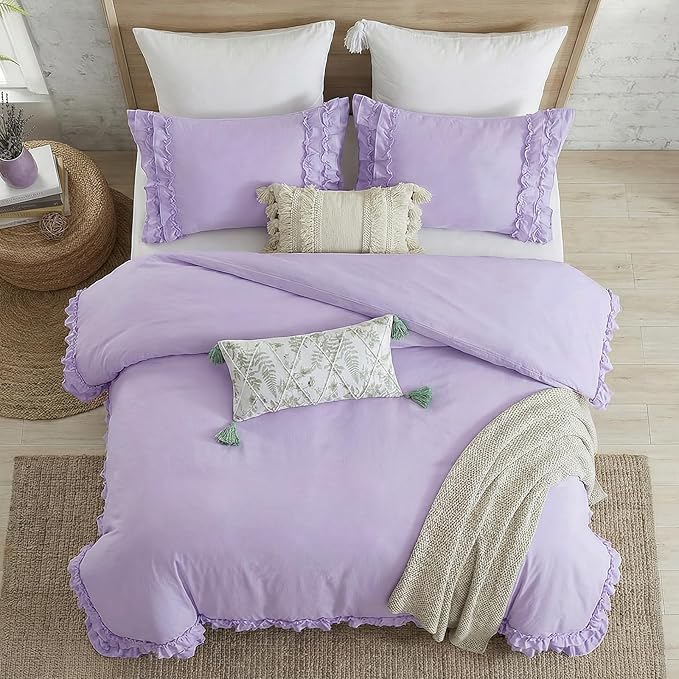 Bedrom Ruffled Duvet Cover King Light Purple Bedding Set Shabby Chic Lace Ruffle Bedroom Set Lilac Purple Aesthetic Boho Duvet Cover Set for Girls Women