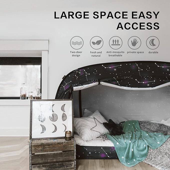 Bed Tent Twin Bed Canopy Portable Dream Tent for Adult Indoor Sleeping Tents with 2 Doors Breathable Private Space Tents, Starry Constellation