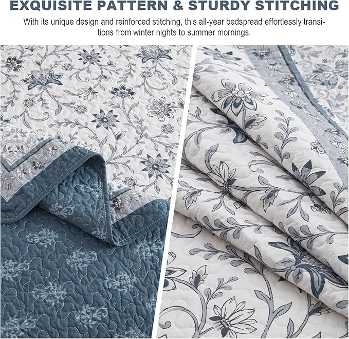 Oversized King Bedspreads 120"x120" - 100% Cotton California King Quilt, Farmhouse Blue Floral Pattern, Extra Large Quilted Coverlet, Lightweight Reversible XL Bedding Set, 3 Pcs