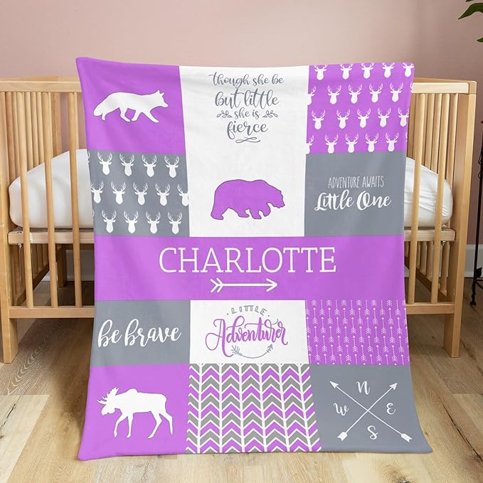 Baby Blanket with Name, Polyester Micro Soft Plush Baby Blankets for Girls with Print Animal Pattern, Double Layer Bed Throws for Crib, Bear and Deer, 35x45 Inches