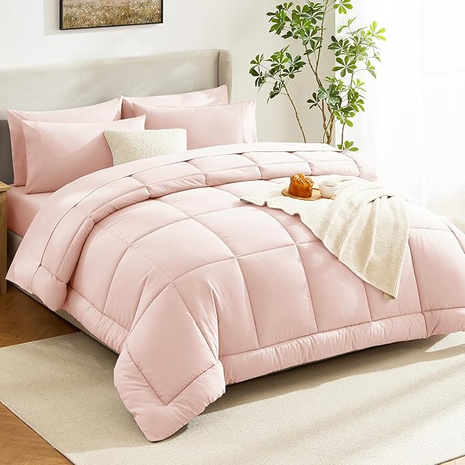 CozyLux Oversized King Comforter Sets Blush Pink, 7 Pieces Bed in a Bag, Ultra-Soft All Season Bedding Sets with Stitch Quilted Comforter, Flat Sheet, Fitted Sheet, Pillowcases, Blush Pink