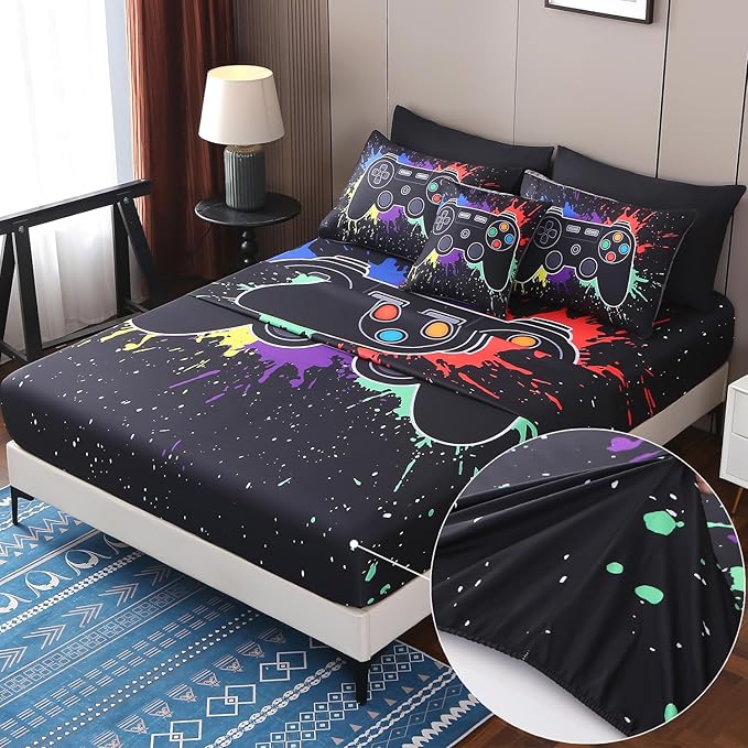 JQinHome Queen Gamer Comforter Sets for Boys,8 Piece Bed in A Bag 3D Video Game Bedding -All Season Microfiber Gamer Bedding Sets for Kids, with Pillowcase, Flat & Fitted Sheet,Cushion Cover(Black)