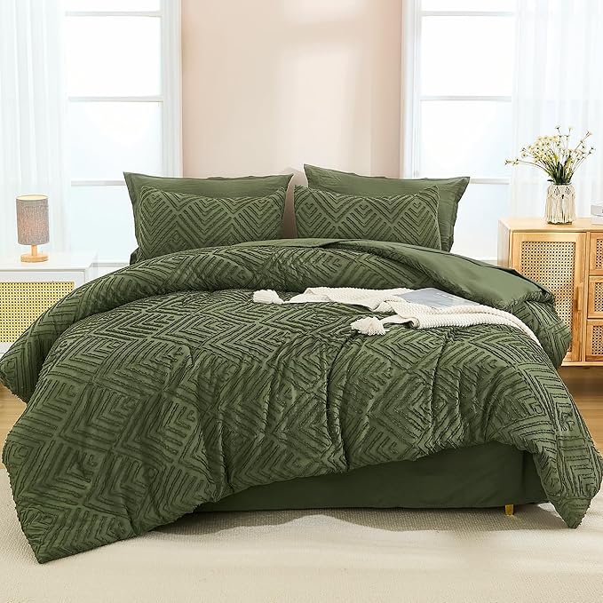Andency Oversized Queen Comforter Set Olive Green - 7 Pieces Bed in a Bag Oversized Queen Boho Olive Green Bedding Comforter Sets, Tufted Bed Set with Comforter, Sheets, Pillowcases & Shams