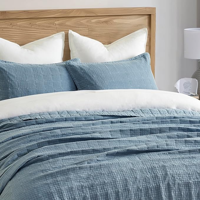 EVERGRACEHOME Stonewashed Cotton Quilt Set Full Queen Size, Ultra Soft Oversized Bedspread Coverlet Set, Lightweight Crinkle Box Stitch Bedding Sets for All Season, with 2 Shams, Sonoma Blue