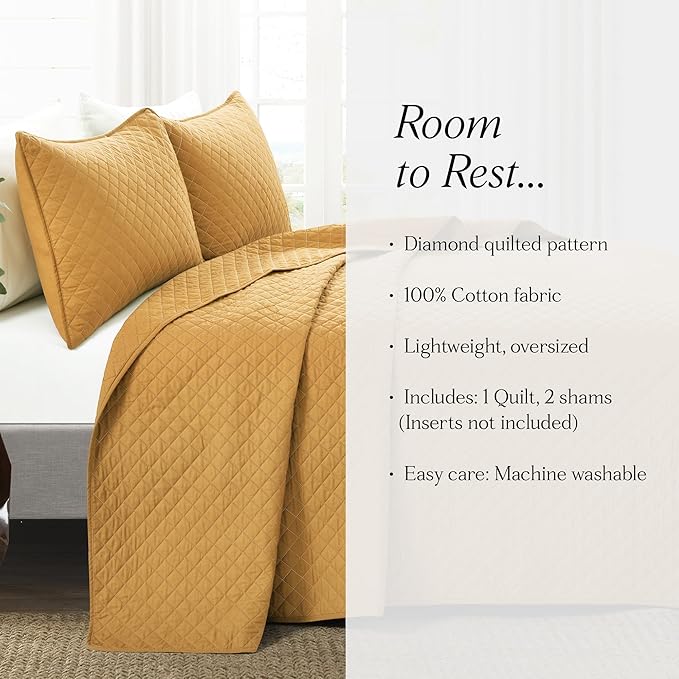 Lush Decor Ava Diamond Cotton Quilt California King Size 3 Piece Set King/California King Mustard - Yellow Bedding Set California King Quilt - Fall Quilts