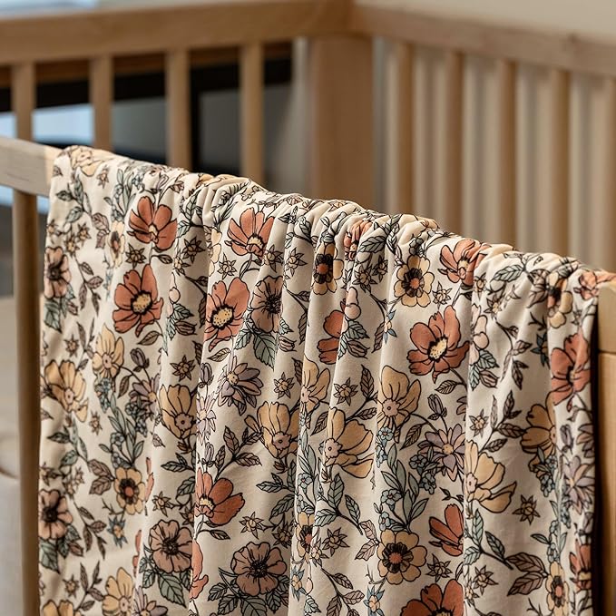 Baby Blanket for Girls, Soft Cozy Nursery Minky Blanket with Double Layer Dotted Backing for Infant Toddler in Crib Stroller, Floral Vintage Brown Blanket, 30x40 Inches