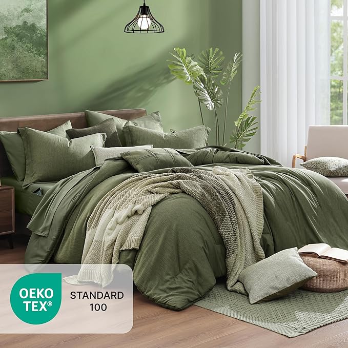 Monbix Super King Size Comforter Set - 7 Pieces Cationic Dyeing Olive Green Bed in a Bag Bedding Sets with Comforter, Sheets, Pillowcases & Shams, Reversible Bedding Comforters Sets