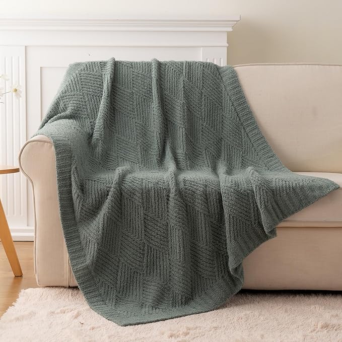 Battilo Sage Green Diamond Knit Throw Blanket for Couch and Bed, Soft Textured Chenille Blanket, Cozy Lightweight Decorative Blanket for Sofa, 50"x60"