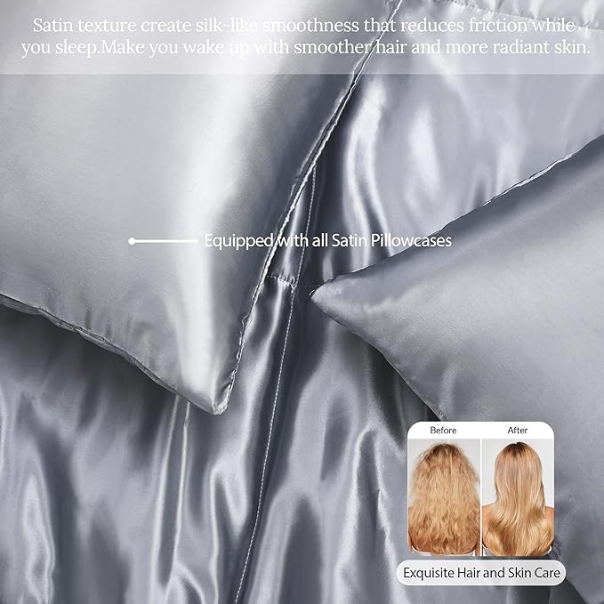 Whale Flotilla 2-Piece Reversible Silky Soft Twin Size Comforter Bedding Set, Luxurious Satin Comforters with Satin Pillowcase, Lightweight Duvet for All Seasons, Grey