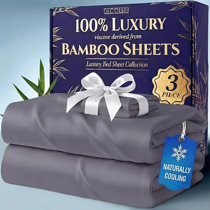 DECOLURE 100% Viscose Derived from Bamboo Sheets Twin Size - Luxury 3 Pc Naturally Cooling Sheets, Ultra Soft Bed Set - Deep 17" Pockets, Durable Double Stitching, Oeko Tex Standard (Grey)