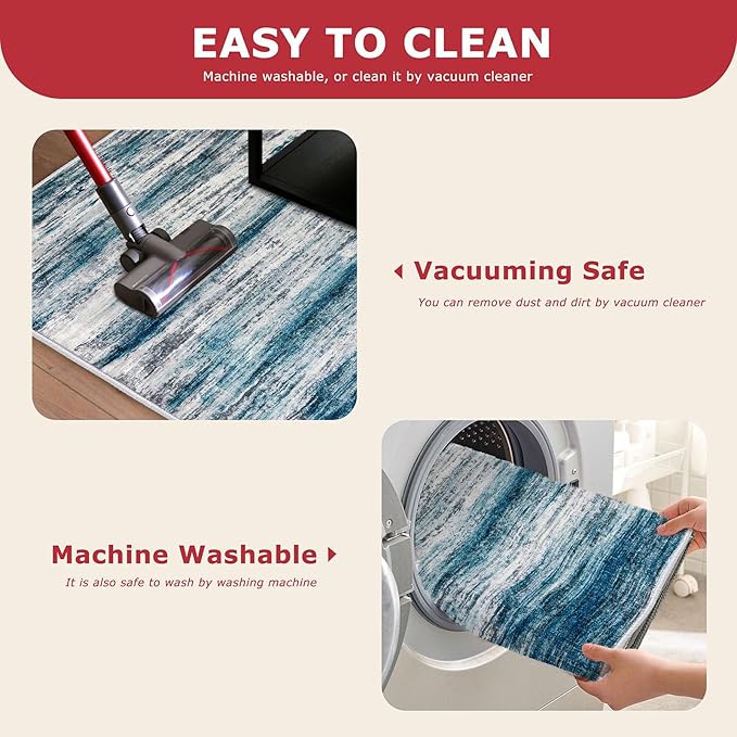 KOZYFLY Modern Abstract Hallway Runner Rug, 2.6x10 Washable Rug Runner Non-Slip Soft Striped Kitchen Runner Rugs, Print Blue Carpet Runner for Entryway Bathroom Laundry Room Foyer