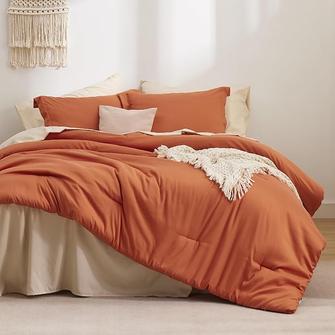 Bedsure Queen Comforter Set - 7 Pieces Burnt Orange Queen Bedding Set for All Seasons, Boho Contrasting Design Bed in a Bag with Comforter, Sheets, Pillowcases & Shams