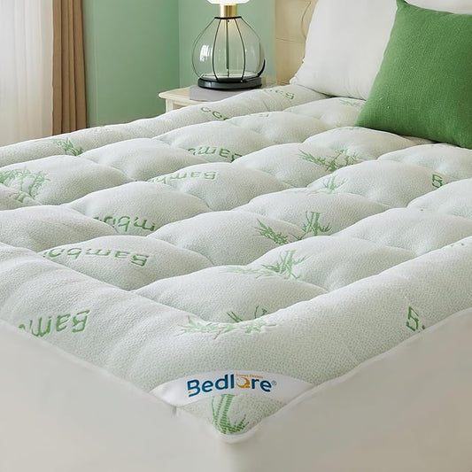 BEDLORE Queen Mattress Topper Viscose Derived from Bamboo, Thick Pillow Top Mattress Pad with Stretchable Pockets for 6-18 inches Mattress, Soft Mattress Topper for Back Pain Relief