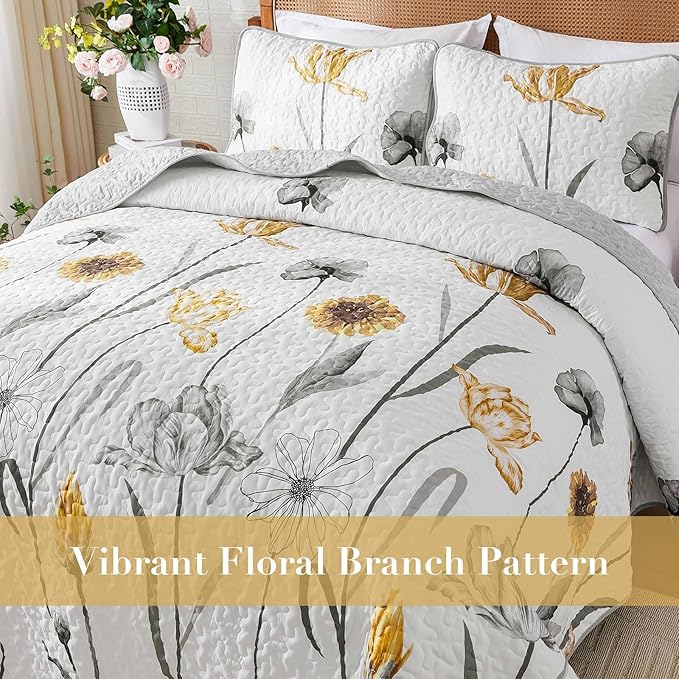 WONGS BEDDING Floral Quilt Set King,Grey and Yellow Bedspread Coverlet Bedding Set with 2 Pillowcase,Lightweight Cute Summer Floral Bedding Set for All Season (104"x90")