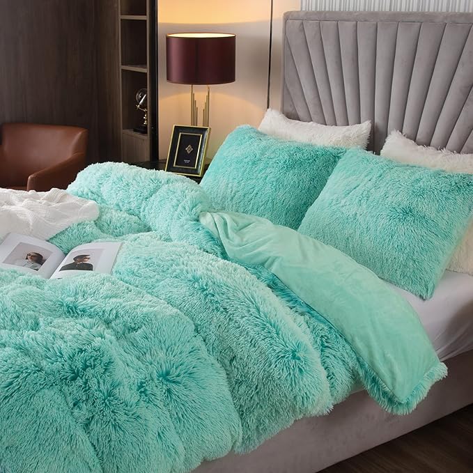 EMME Faux Fur Duvet Cover Queen Size, 3 Pieces Ultra Soft Fluffy Comforter Cover, Cozy Warm for Winter, Luxury Elegant Shaggy Bedding, 1 Duvet Cover & 2 Pillow Shams (Queen, Aqua)