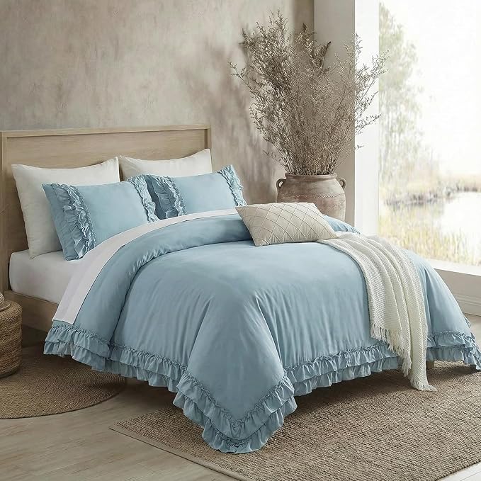 Grayish Blue Duvet Cover Queen Vintage Ruffled Bedding Shabby Chic Boho Bedroom Decor Super Soft All Season Ruffle Duvet Cover Set