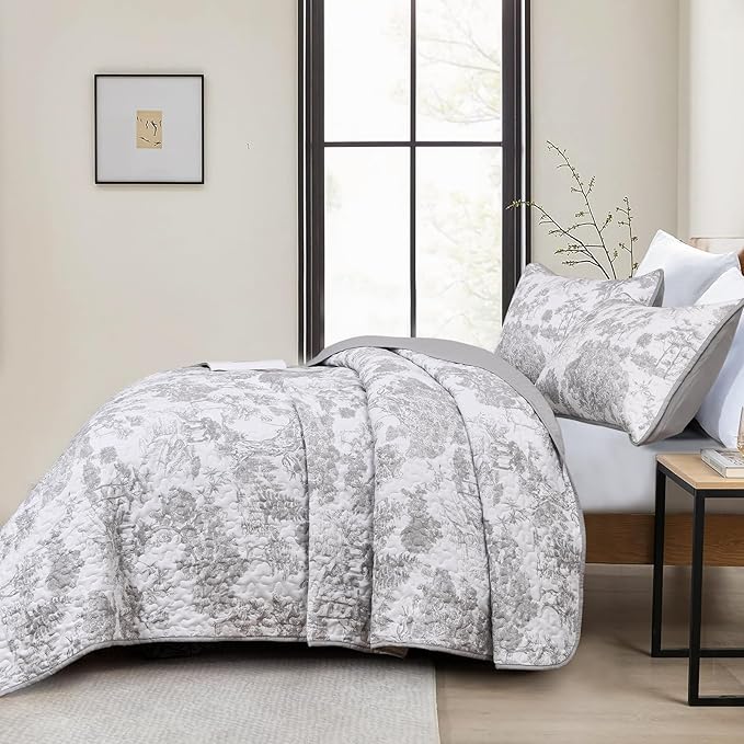 WONGS BEDDING Grey Quilt Set Full Size, 3 Pieces Botanical Bedspreads Set Lightweight Microfiber Grey Toile Plants Pattern Coverlet Home Decor for All Seasons (90"x78")