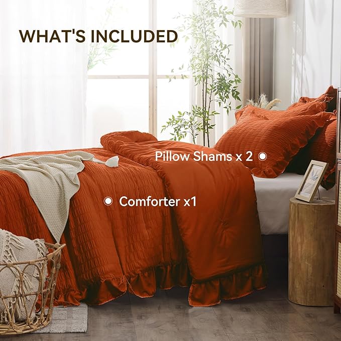 JOLLYVOGUE Burnt Orange Comforter Full Size, 3 Pieces Seersucker Lightweight Full Size Bedding, All Season Fluffy Microfiber Bedding Comforter Set with 1 Ruffle Comforter and 2 Ruffle Pillowshams