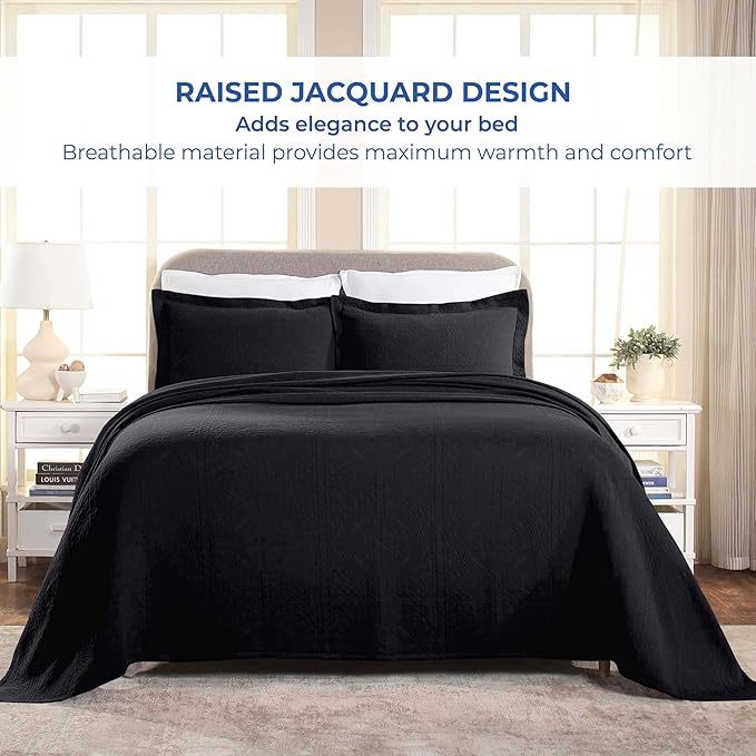 Superior Cotton Fleur De Lis Bedspread Set, Warm Blankets, All-Season Bedding, Bedroom Decor, Decorative Boho Medallion Coverlet, Includes 1 Bedspread, 2 Pillow Shams, King, Black