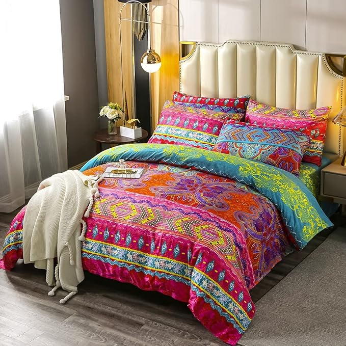 Feelyou Bohemian Duvet Cover Sets 3 Pieces Exotic Style Bedding Cover Set Boho Bedding Set Bedspread Cover Printing Microfiber Comforter Cover Boho Pattern Queen Size Zipper