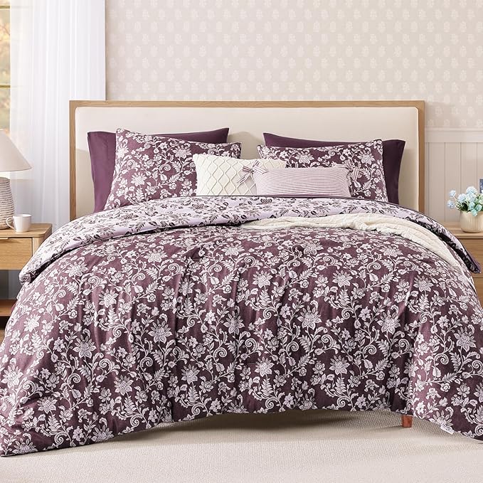 King Comforter Set -7 Pieces Floral Dark Purple Comforter Set for All Seasons, Bed in a Bag King with Botanical Flowers Comforter, Sheets, Pillowcases & Shams