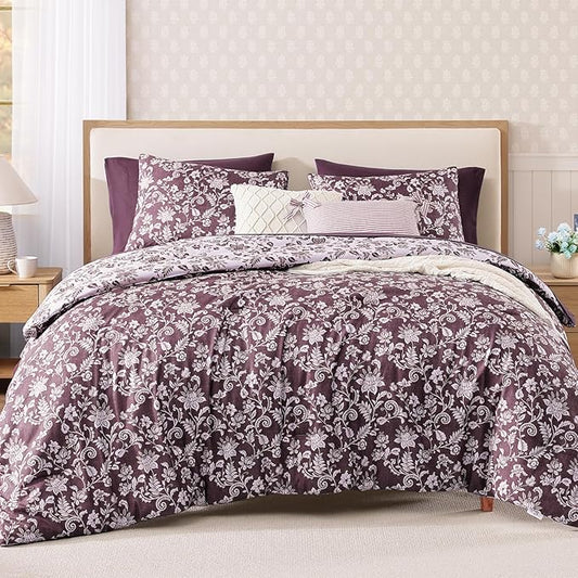 King Comforter Set -7 Pieces Floral Dark Purple Comforter Set for All Seasons, Bed in a Bag King with Botanical Flowers Comforter, Sheets, Pillowcases & Shams
