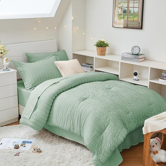 HYMOKEGE Sage Green Twin XL Comforter Set Seersucker 5 Pieces, All Season Luxury Bed in a Bag for Bedroom, Bedding Set with Comforter, Sheets, Pillowcase & Sham