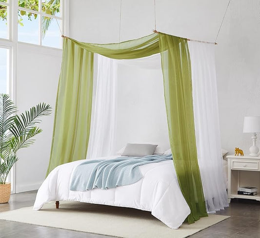 Warm Home Designs Set of 2 White & Sage Green Canopy Bed Curtains in 55 x 216 Inch Size. 2 Queen Bed Canopy Curtains Can Be Turned Into Kids Bed Tent or Bed Canopy for Girls. BE White & Sage 216"