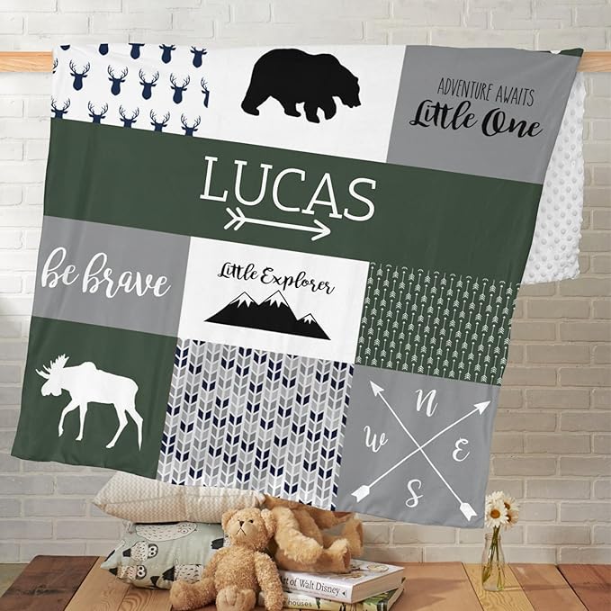 Personalized Baby Blanket Cute Animal Blanket for Boys - Soft Double Layer with Dotted Backing, Toddler to Newborn, Shower Gifts, Bronze Green (35 X 45 inches)