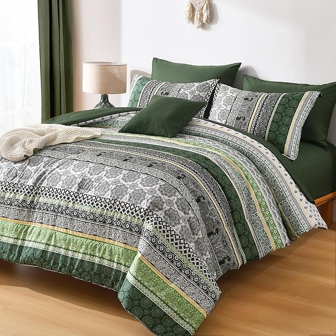 Cottolester Boho Comforter Set Queen Size,8 Pieces Dark Green Bohemian Striped Bed in a Bag,Paisley Soft Microfiber Bedding Comforter Set