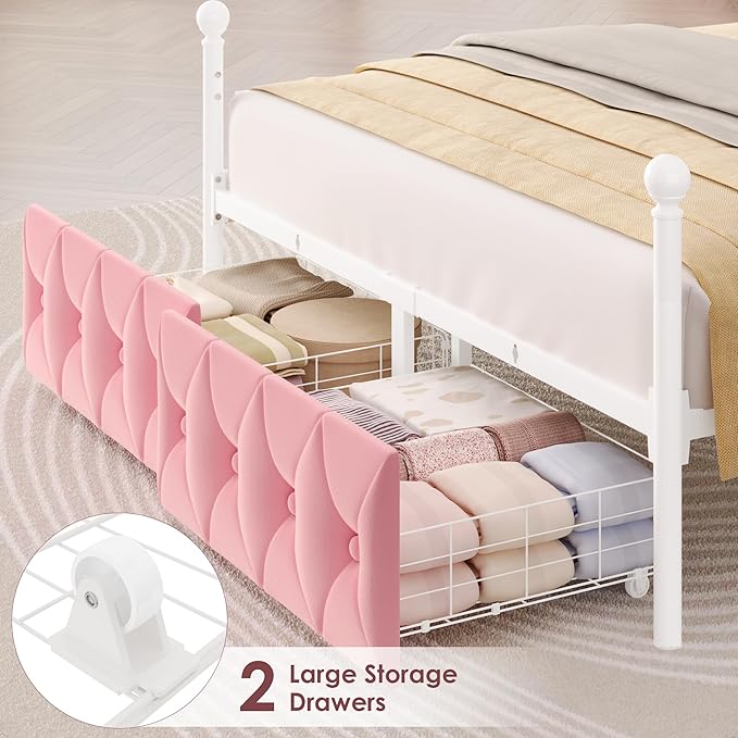 Keyluv Queen Upholstered Canopy Bed Frame with 2 Drawers and Button Tufted Headboard, Metal Platform Bed with 4 Removable Posts Two-Purpose Velvet Bed No Box Spring Needed, Pink/Curtains Not Included