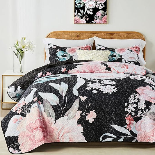 Yogeneg Full Queen Size Quilt Set, Pink Floral Botanical Pattern Black Bedding Set,3 Piece Lightweight Soft Summer Bedspread Coverlet with 2 PIillow Sham for All Season(Pink Floral,90"x96")