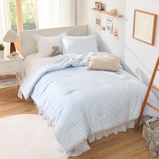 Andency Light Blue Gingham Comforter Set Full(79x90Inch), Checkered Grid Plaid Buffalo Bed Set for Girls Boys Kids Teens, 3 Pieces Lightweight Microfiber Geometric Preppy Bedding