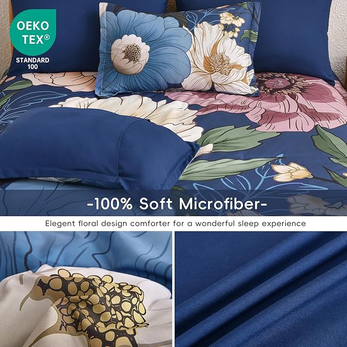 Xruibed Retro Navy Blue Floral Comforter Set King Size 7 Pieces Bed in a Bag Navy Floral Comforter Flower Bedding Sets Lightweight Boho Bed Set with Sheet, Pillowcases&Shams for All Season