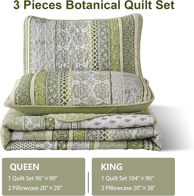 WONGS BEDDING Boho Quilt Set King Size, Sage Green Bohemian 3 Pieces Quilt Sets, Lightweight Bedspread Coverlet Bedding Set for All Season (104"x90")