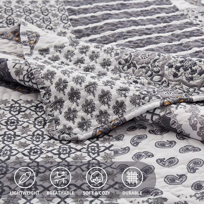 LEAONME Quilt Set Full/Queen Size 3 Piece Bedspread Coverlet Lightweight Comforter Microfiber Bedding Set for All Season Oversized 90x98 Inch Bed Cover Floral Paisley Gray(1 Quilt,2 Pillow Shams)