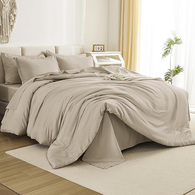 Litanika Super King Comforter Set Oatmeal - 7 Pieces Bed in a Bag Oversized King Bedding Comforter Sets, Solid Lightweight Bed Set with Comforter, Sheets, Pillowcases & Shams