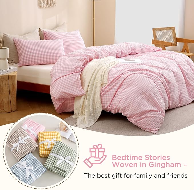 TOCOMOA Pink Gingham Duvet Cover Bedding Set 100% Washed Cotton Like Linen Feel Super Soft Comfortable 3 Piece Cute Plaid Checkered Comforter Cover Set (Queen 90"x90", Comforter Not Included)